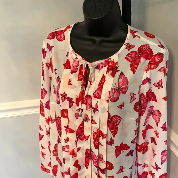 Jones New York Collection Butterfly Print Popover Blouse Size 8 - Picture 2 of 12